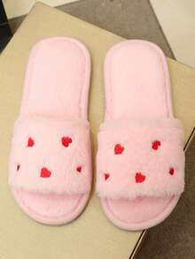 女款愛心刺繡毛絨露趾拖鞋，時尚可愛居家鞋，可戶外穿著，四季保暖，秋冬孕婦鞋 - 粉色 - 查看 7