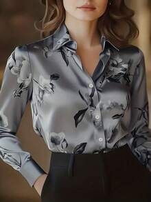 女士印花翻领单排扣长袖衬衫，时尚百搭，适合办公、通勤和春季度假穿着。 - 灰色 - 查看 1