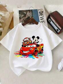 Disney Officially Licensed Kids T-Shirt Unisex White Printed Short Sleeve Ultra Comfortable Super Soft Relaxed Fit High Visual Appeal High Turn-Head Rate Daily Wear Versatile Commute Essential Disney Limited Edition Design Mickey & Cars Collaboration Print Ages 1-14 Summer Outing Must-Have New Arrival Express Delivery - White - View 2