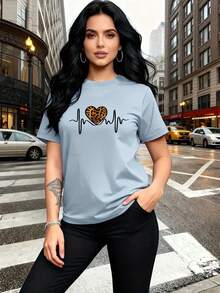 Women'S Casual Short Sleeve T-Shirt With Heartbeat & Leopard Print - With Heart Design, Round Neck, Medium Stretch, All-Season Comfort Fit For Casual Attire - 卡其色 - 查看 8