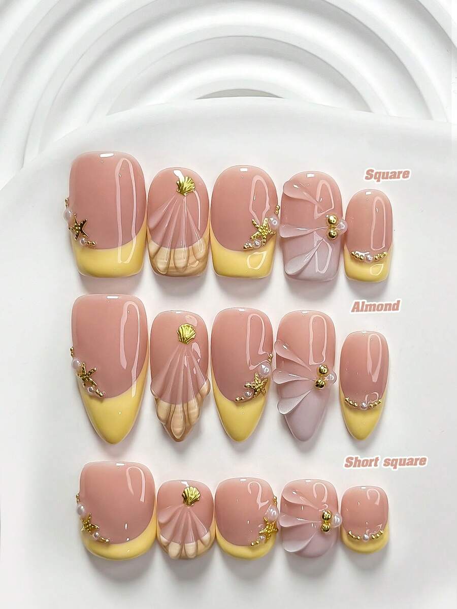 Bộ 10 móng tay acrylic kiểu Pháp màu vàng, bao gồm móng acrylic, họa tiết vỏ sò và sao biển 3D vàng, họa tiết giọt nước vẽ tay, sơn móng tay màu vàng kem, phong cách bãi biển mùa hè, kèm dụng cụ làm móng (1 miếng dán gel + 1 dũa móng), có các hình dạng vuông, vuông ngắn và hạnh nhân, hoàn hảo cho bộ móng rực rỡ phong cách bãi biển. - Nhiều màu - Xem 1