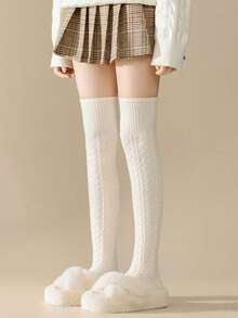 Calentadores de pierna por encima de la rodilla de punto trenzado para mujer, calentadores de pierna extra largos de invierno - Blanco - Ver 1