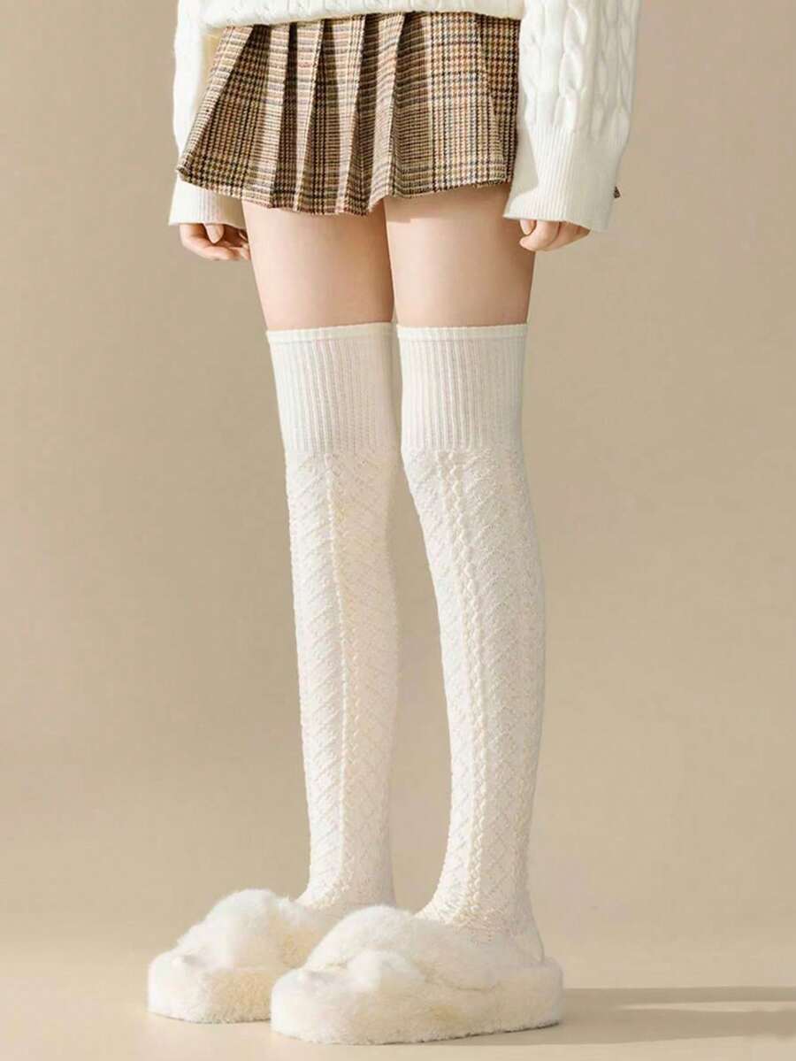 Calentadores de pierna por encima de la rodilla de punto trenzado para mujer, calentadores de pierna extra largos de invierno - Blanco - Ver 1