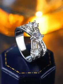 Nhẫn cổ điển hai lớp đan chéo bốn chấu tròn đính đá Cubic Zirconia tổng hợp, quà tặng trang sức cưới cho phụ nữ. - trắng - Xem 1