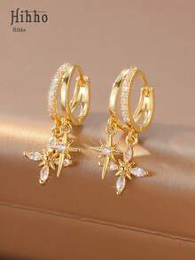 Hihho 一对复古铜锆合金八角星形和心形耳环，优雅时尚 - 八芒星耳墜 - 查看 7