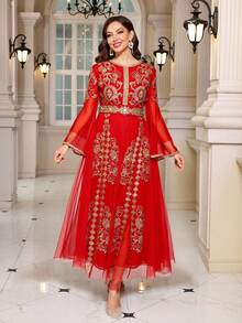 Vintage Fashionable Red Embroidered Flare Sleeve Mesh Dress - Red - View 3