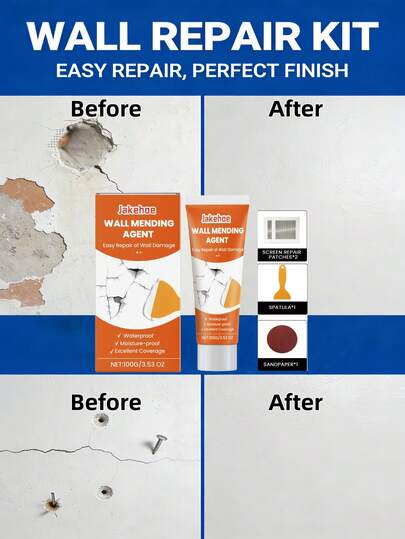 jakehoe 多功能墙面修补套装——轻松修复墙面孔洞、剥落、裂缝、钉孔等。这款多功能墙面修补套装旨在解决各种墙面问题。光滑易用的填充剂无需专业工具或经验，即可轻松修补墙面孔洞、剥落、裂缝、钉孔等。适合家庭DIY墙面维护。