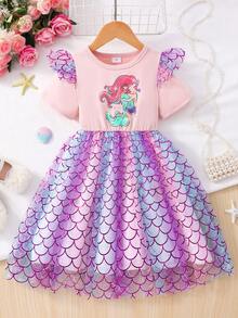 Vestido infantil com estampa de sereia, manga curta, gola redonda, delicado vestido princesa com lantejoulas em degradê, ideal para uso diário, festas e verão. - Rosa - Ver 3