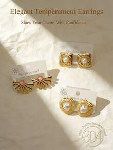 Retro Gold And Pearl Stud Earrings With Textured Details - Elegant Lightweight Women's Jewelry Set Suitable For Various Occasions To Wear - Multicolor - View 1