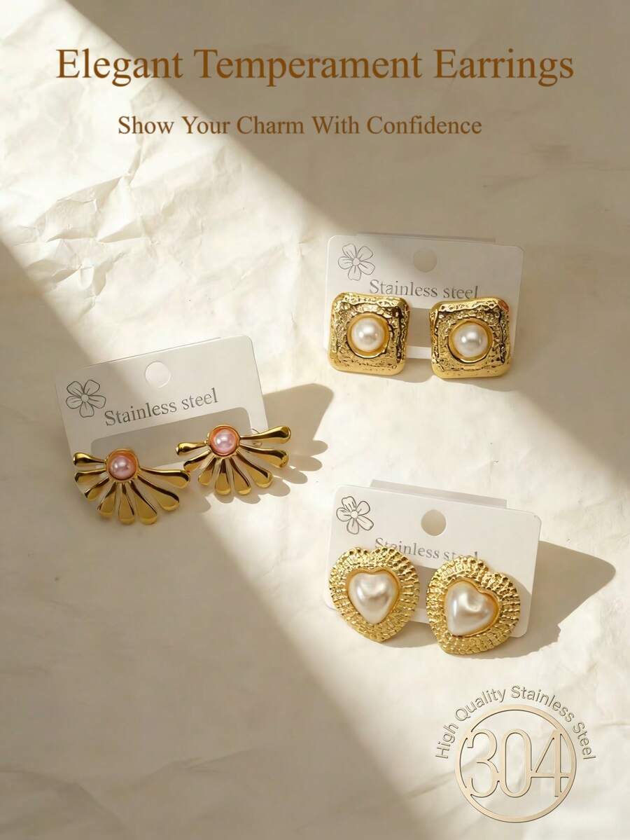 Retro Gold And Pearl Stud Earrings With Textured Details - Elegant Lightweight Women's Jewelry Set Suitable For Various Occasions To Wear - Multicolor - View 1