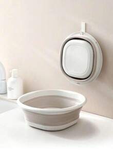 3pcs/1pc Portable Foldable Wash Basin, Vegetable Basin, Foot Basin. Easy To Clean, Lightweight And Collapsible. Suitable For Home, Dorm And Outdoor Camping. Can Be Used As Camping Sink, Laundry Basin, Water Bucket, Water Container, Fruit & Vegetable Wash Basin, Cleaning Supplies. Thick Plastic Foldable Foot Basin, Back To School Essential. Foldable Basin, Foldable Basin Set. Bathroom Home Decor, Autumn Decor - Grey - View 2