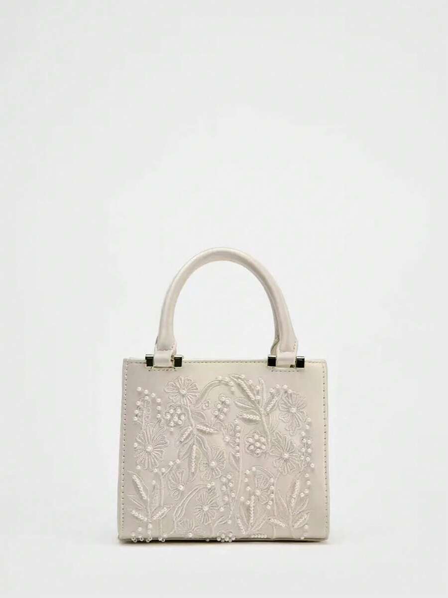 Fashion Floral Embroidery Square Bag High Quality Tote Bag Large Capacity Women's Handbag Lady Purse Shoulder Messenger Bag - Beige - View 1