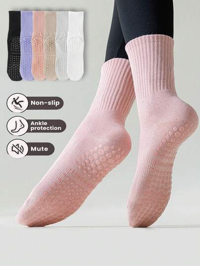 2 Pairs Women's Colorful Striped High Waist Non-Slip Rubber Sole Socks, Breathable Knit Fabric, Unisex Design Suitable For Casual, Fitness, Yoga, Pilates And Other Sports, Also Ideal As Holiday Gifts