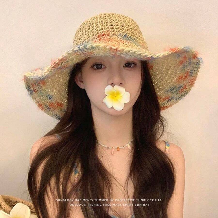 女士夏季遮阳帽，亮丽编织草帽，适合海滩度假，透气镂空设计，宽帽檐，防紫外线遮阳帽 - 彩色 - 查看 1
