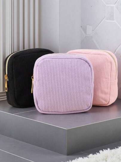 Half Square Corduroy Cosmetic Bag, Flat Toiletry Bag, Travel Makeup Organizer. Suitable For Storing Cosmetics, Stationery, Or As A Multi-Purpose Daily Bag, Ideal For Students And Office Workers.