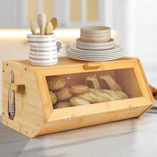 Panera de Bambú Caja de Pan de Bambú para Encimera de Cocina Contenedor de Almacenamiento de Pan de Gran Capacidad con Ventana Transparente Contenedores de Almacenamiento de Pan - Bambú - Ver 7