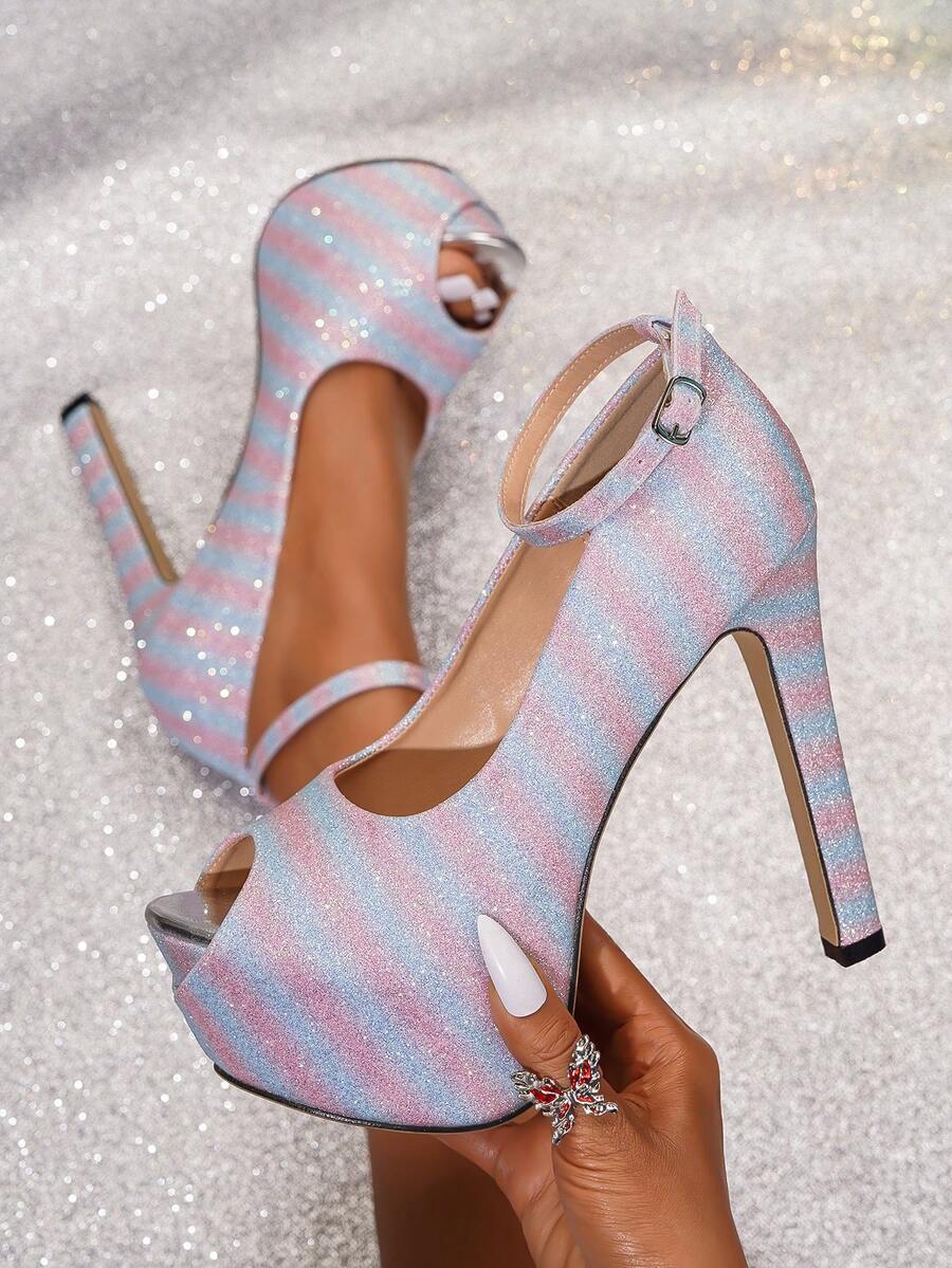 Shimmering Blue Pink High Heel Sandals - Multicolor - View 1