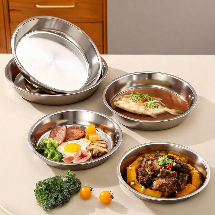 1/3件套不锈钢深圆盘，不易碎金属餐盘，浅汤盘，沙拉意面牛排鱼盘，防滑餐具，厨房餐具，家用餐厅日常使用 - 查看 1