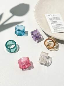 6pcs Summer Daisy Transparent Resin Rings, Fresh Girl Style Stackable Finger Rings - Multicolor - View 5