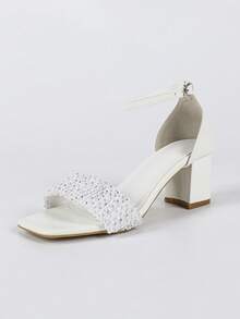 女士褶皱水钻高跟露趾凉鞋，优雅新娘款，白色中跟皮鞋 - 白色 - 查看 7