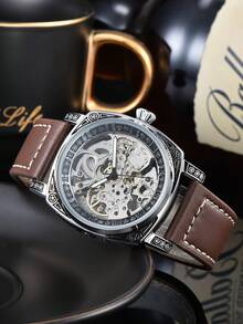 LONGLUX 1pc Men's Black Zinc Alloy Business Style Luminous Carved Automatic Tourbillon Hollow Mechanical Watch - Rust Brown - View 3