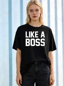Plus Size Women's Like A Boss  Print T - Shirt, Vibrant Geometric Pattern, Soft Round Neck, Playful Design, Machine Washable Suitable For New Year Gifts, Easter Spring Summer Fashion, - màu đen - Xem 1