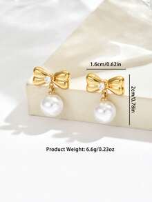 1 Pair Cute Bow Pearl Earrings, Delicate Bowknot Design With Smooth Pearl Details, Adding Romantic Charm To The Ears - Earrings - View 5