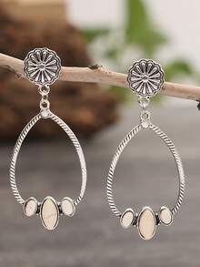 波西米亚象牙绿松石椭圆形耳环，复古镂空水滴牛仔耳环 - 水滴形 - 查看 12