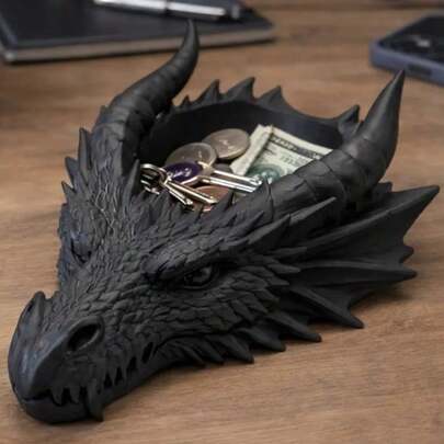 Dragon Head Valet Tray, Gothic Catchall Organizer Bowl For Entryway & Desk, Key And Coin Holder, Fantasy Dragon Decor, Black