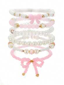 1 Set (6 piezas) Pulsera con cuentas de perlas falsas y cristales, adecuada para uso diario y fiestas de niñas - Rosa - Ver 6
