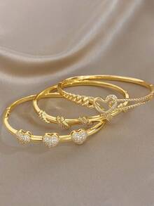 18K Gold Plated Anti-Fading Heart Zirconia Bangle Bracelet Set For Women, High Quality Luxury Jewelry,Gifts For Mom, For Daily Wear, Weddings, Suitable For Daily Life, Parties, Dates, Beach, Beach Jewelry, Mother's Day Gift, Valentine's Day Gifts, Spring, Wedding Supplies, Summer Accessories - Multicolor - View 6