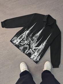 Men's Jacket, Abstract All-Over Print, Casual Turndown Collar, Zipper Closure, Lightweight Spring/Autumn Outerwear, Long Sleeve, Fashionable - Black - View 2