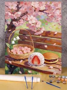 樱花野餐甜点 DIY 数字油画帆布画工艺品 成人家居装饰 40x50厘米/16x20英寸 节日礼物 - 40*50厘米 - 查看 3