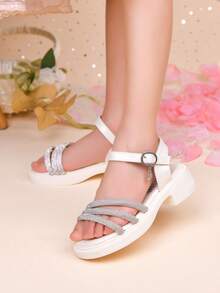 Children's Sandals, Summer Girls' Rhinestone Princess High Heel Shoes, Student Fashion Soft Bottom Performance Dance Shoes - Beige - View 8