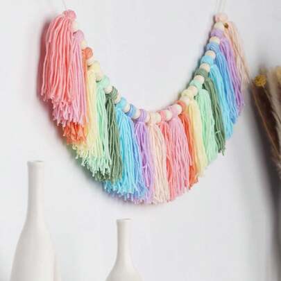 Soft Rainbow Tassel Garland - Wooden Bead Boho Style Tassel Decor String - Spring Easter Boho Wall Decor For Classroom, Spring Party, Bulletin Board, Dorm, Girl's Room, Home Party