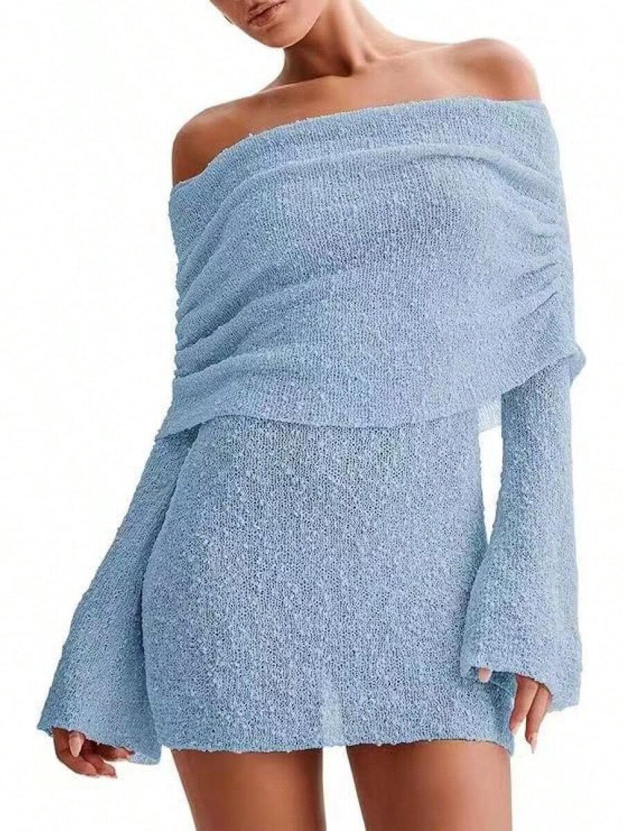 2026 NEW Knitted Women's Short Beach Skirt With Sexy Perspective Long Sleeved One Shoulder Dress For Women - màu xanh nhạt - Xem 1