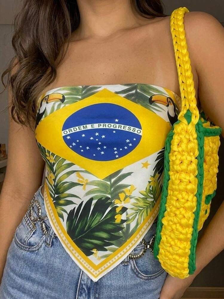 Top Lenço Brasilcore Estampado Amarrar Versátil Verão  Estampa Tropical Brasil - Tucano branco - Visão 1