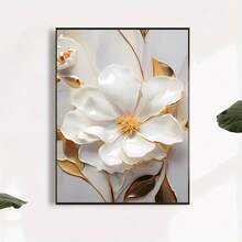 1幅无框白色花朵金色镶边帆布海报，现代3D纹理艺术风格，白色花朵金色花心和叶子点缀在柔和的背景上，长方形艺术印刷品，现代奢华墙面艺术和海报，适用于客厅、玄关和现代家居装饰 - A - 查看 4