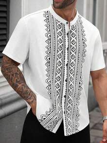 男士几何印花短袖衬衫，现代游牧风格立领度假上衣，透气夏季假日衬衫，波西米亚休闲日常纽扣衬衫 - 黑與白 - 查看 2