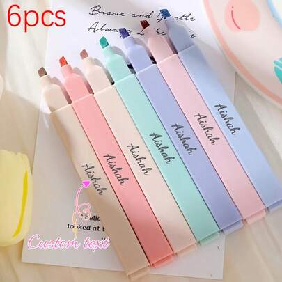6pcs Customized Text LOGO Highlighter Pens, Creative Graffiti Soft Tip Pastel Fluorescent Markers, Bleed-Proof Slanted Tip Pastel Highlighters, Cute Stationery Set For Office And School Supplies