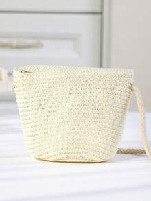 Túi đeo chéo bằng rơm màu be thanh lịch với nơ lớn - Chất liệu đan, khóa kéo, thích hợp cho kỳ nghỉ biển, đám cưới và dã ngoại mùa hè, túi đi biển. - Màu trắng sữa - Xem 2