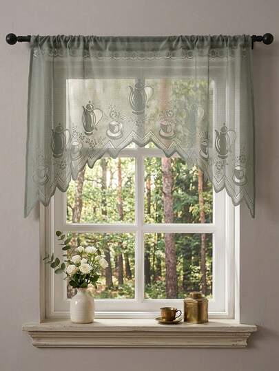 ستارة نافذة بتصميم إبريق الشاي وكوب القهوة مع تطريز زهري بسيط