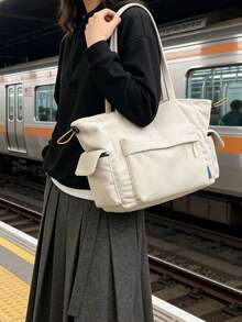 女士灯芯绒手提包，大容量单肩包，多口袋设计，休闲通勤上学旅行手提包 - 白色 - 查看 6