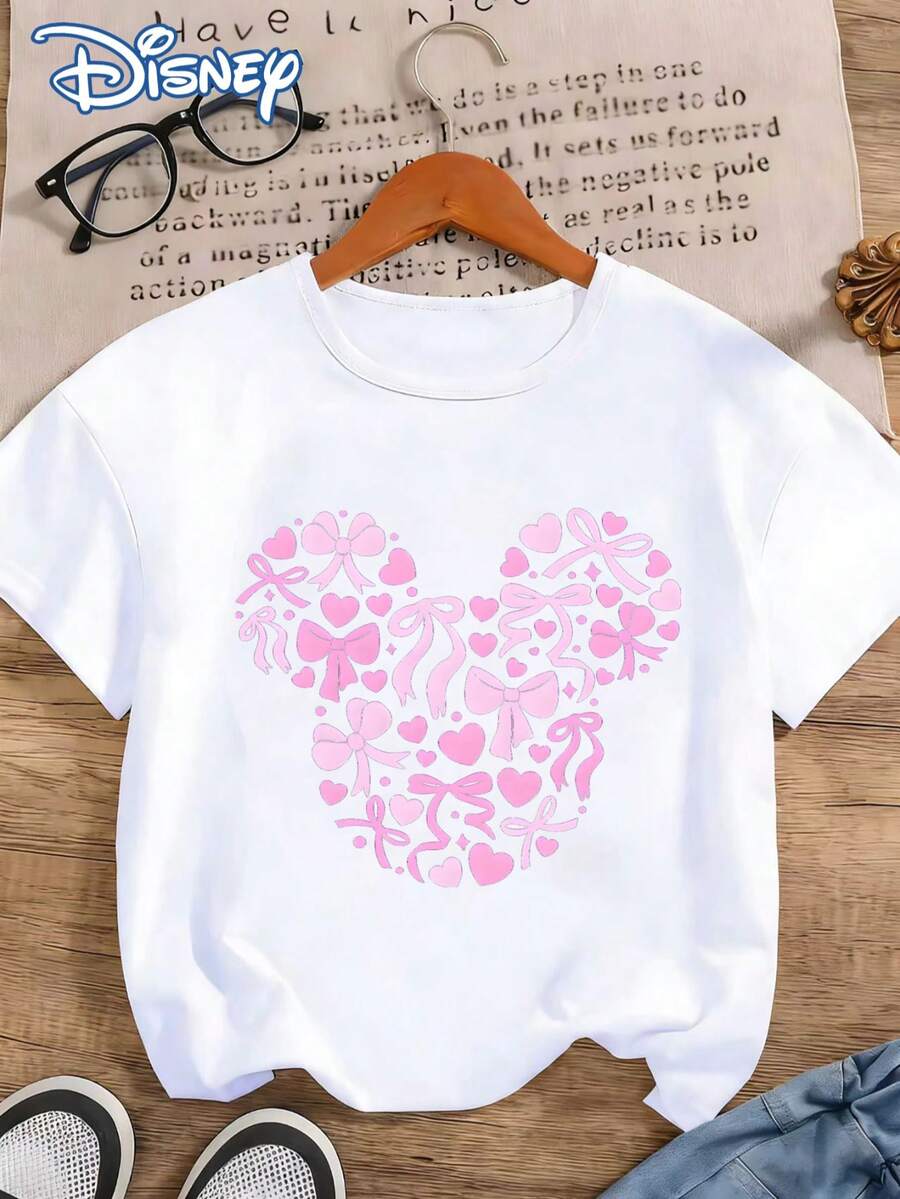 Disney Women's T-Shirt With Minnie Mouse Head Print And Bow, St. Patrick's Theme, Casual And Stylish Round Neck Short-Sleeved Summer Top, Girls' Personalized Preppy Style Cartoon Breathable Sportswear, Suitable For Outdoor Daily Casual Wear.Made From Soft, Comfortable, And Durable Pure Cotton, This Is An Ideal Choice For Spring And Summer. This Crew Neck T-Shirt Is Suitable For Various Occasions, Including Everyday Wear, Shopping, Parties, Travel, And Gatherings, And Also Makes A Thoughtful Gift. - White - View 1