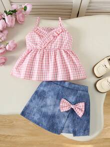 Baby Girls' Pink Plaid Camisole Top + Faux Denim Shorts Set, Ruffled Bow Decor, Summer Outfit - Baby Pink - View 1