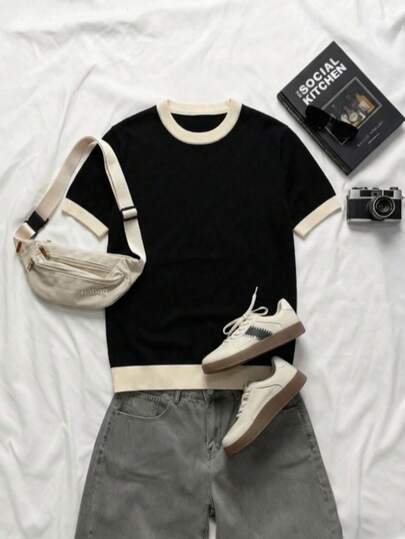 男士休闲圆领撞色短袖针织衫，适合春夏通勤穿着。