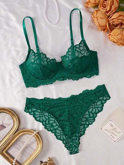 Style Dream 2pcs Valentine's Day Women Sexy Lingerie Green Lace Floral Bra Set, Adjustable Straps Sensual Bra, Valentine's Day Gift