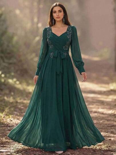 Elegant Dignified Bridesmaid Dress, Long Sleeve Square Neck, Applique Decor, Tie Waist, Pleated Bust Decor, Pearl Embellishment, Non-Stretch