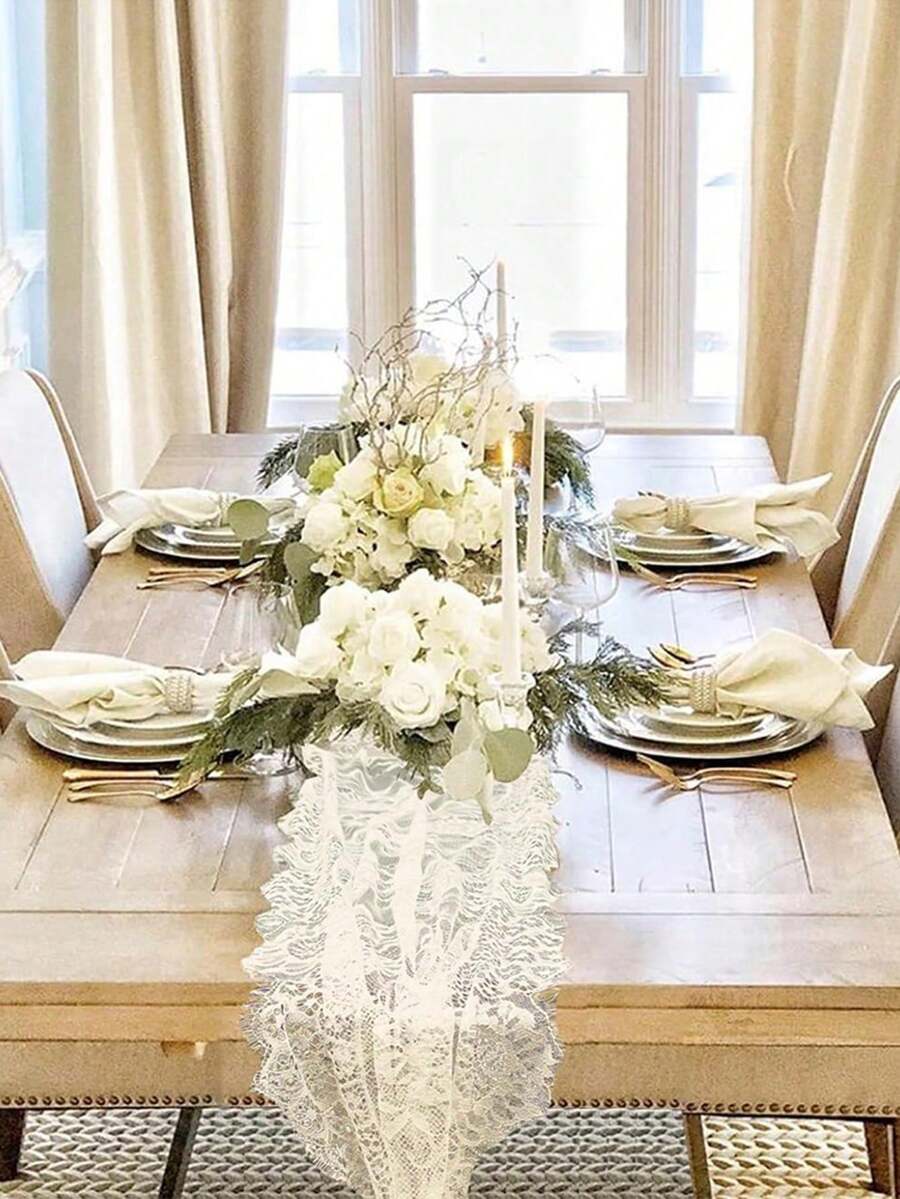 One 29*118/14*118 Inch Lace Table Runner, Available In Multiple Sizes, Embroidered Bohemian Style Wedding Table Runner, Vintage Country Lace Tablecloth, Suitable For Weddings, Parties And Bridal Shower Decorations. - 35cm*300cm - 查看 1