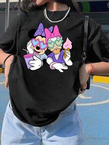 Disney Women's Casual Cotton Short Sleeve Round Neck Mickey & Minnie Mouse Graphic Print T-Shirt For Summer Relaxed Fit Daisy Duck Cartoon Tee Top - Black - View 1